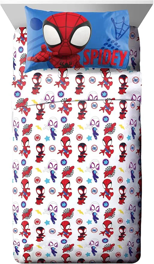 Unique Jay Franco Kids Sheet Set with Fitted Flat Sheets amp Pillow Cover – Ultra-Soft Bedding with Pillowcase for Room Decor White – Spidey amp Friends 4 Piece Full Premium