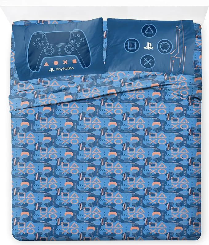 Fine Jay Franco Kids Sheet Cartoon Set with Fitted Flat Sheets amp Pillow Cover - Ultra-Soft Bedding with Pillowcase for Room Decor Blue - PlayStation 4 Piece Queen Contemporary