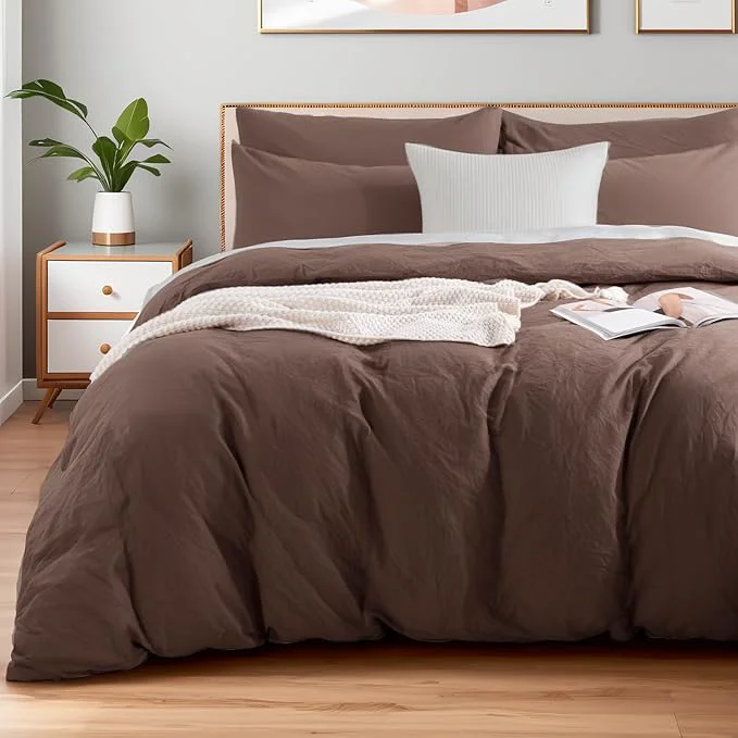 Luxury NEXHOME PRO Full Duvet Cover Set Organic Cotton with Washed Feel amp Linen-Like Texture Comfortable amp Breathable Home Bedding Set Dark Brown No Comforter Fine Crafted