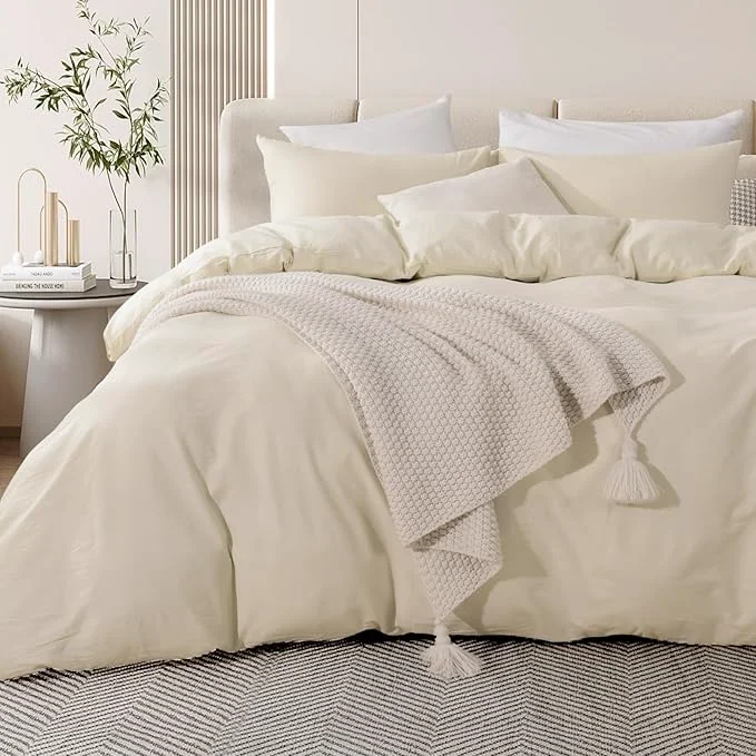 Verified NEXHOME PRO Duvet Cover Set Washed Cotton Oversized King 120 quot x98 quot Linen Feel Textured Organic 3 Pieces Bedding Set with Zipper Closure and Corner Ties Breathable Cream Grey No Comforter Efficient