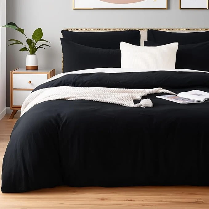 Authentic NEXHOME PRO Full Duvet Cover Set – Organic Cotton with Washed Feel amp Linen-Like Texture Comfortable amp Breathable Home Bedding Set Black No Comforter Functional