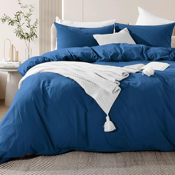 Sophisticated NEXHOME PRO Duvet Cover Set Washed Cotton Oversized Queen 98 quot x98 quot Organic Natural Linen Look Textured 3 Pieces Bedding Set Royal Navy Klein Blue with Zipper Closure Soft No Comforter Secure