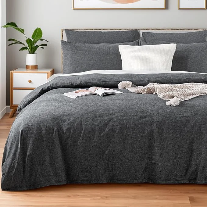 Luxury NEXHOME PRO Duvet Cover Queen Washed Cotton Organic Natural Linen Like Textured Breathable Durable Bedding Set Heather Black 9090 Artisan