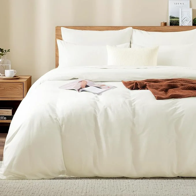 Fashionable NEXHOME PRO Full Duvet Cover Set Washed Cotton with Linen-Like Texture Natural Organic Breathable amp Comfortable Includes Home Bedding Set Milk White No Comforter 8090 Enhanced