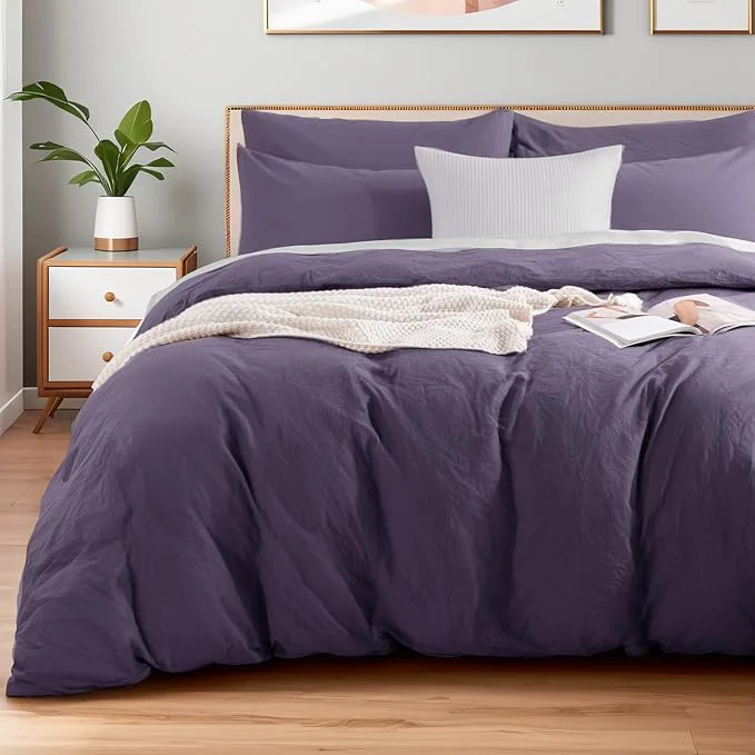 Detailed NEXHOME PRO Washed Cotton Duvet Cover Twin Size Ogranic Natural Linen Feel Breathable Bedding Set with Zipper Closure 2 Pieces Duvet Cover Set Eggplant No Comfortert 6890 Specialty