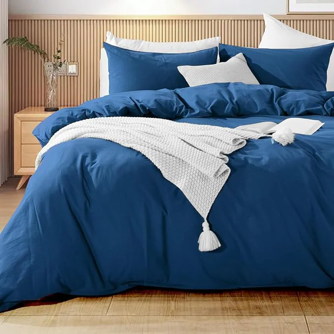 Long-Lasting NEXHOME PRO Duvet Cover Set Washed Cotton Oversized King 120 quot x98 quot Linen Feel Textured Organic 3 Pieces Bedding Set with Zipper Closure and Corner Ties Breathable Navy Blue No Comforter Official