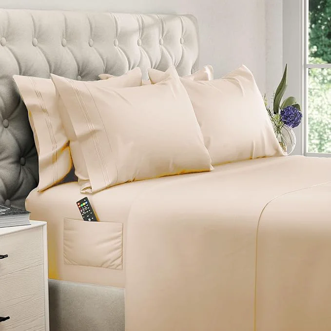 Expertly Made DREAMCARE Queen Sheet Set – 6 pcs Cooling Bed Sheets – up to 21 Deep Pocket Queen Sheets Set – 2500 Supreme Collection – Extra Soft Brushed Microfiber Hotel Luxury with Side Pocket Wheat Functional