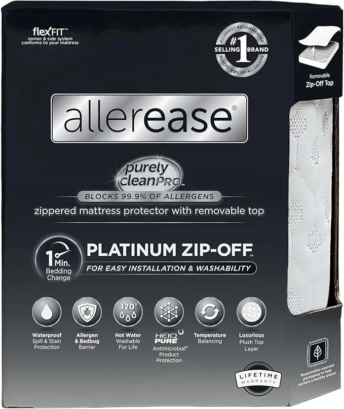 Contemporary AllerEase Platinum Zip-Off Top Waterproof Mattress Protector Queen 360 Degree Zipper Particle Barrier Temperature Balancing Luxurious Plush Top Separately Machine Washable Mattress Cover White Fast