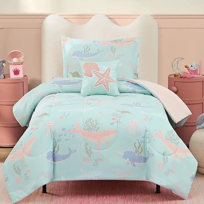 Recyclable Twin Comforter Set for Girls-3 Pieces Ocean Animals Glow in the Dark Twin Bedding Sets for Kids 1 Comforter 1 Sham and 1 Decor Pillow Breathable