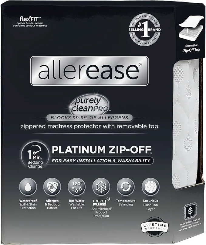 Effective AllerEase Platinum Zip-Off Top Waterproof Mattress Protector Full 360 Degree Zipper Particle Barrier Temperature Balancing Luxurious Plush Top Separately Machine Washable Mattress Cover White Practical