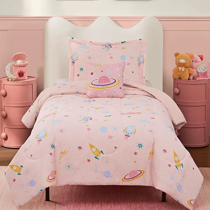 Fine Crafted Twin Comforter Set for Girls-3 Pieces Space Glow in the Dark Twin Bedding Sets for Kids 1 Comforter 1 Sham and 1 Decor Pillow Casual
