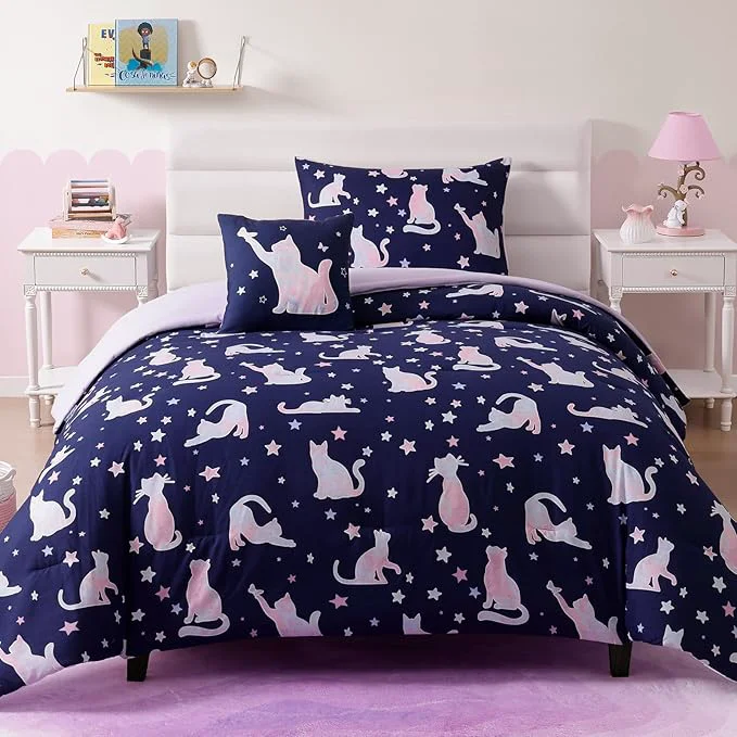 Fine Crafted Twin Comforter Set for Girls-3 Pieces Cute Cat Twin Bedding Sets for Kids 1 Comforter 1 Sham and 1 Decor Pillow Authentic