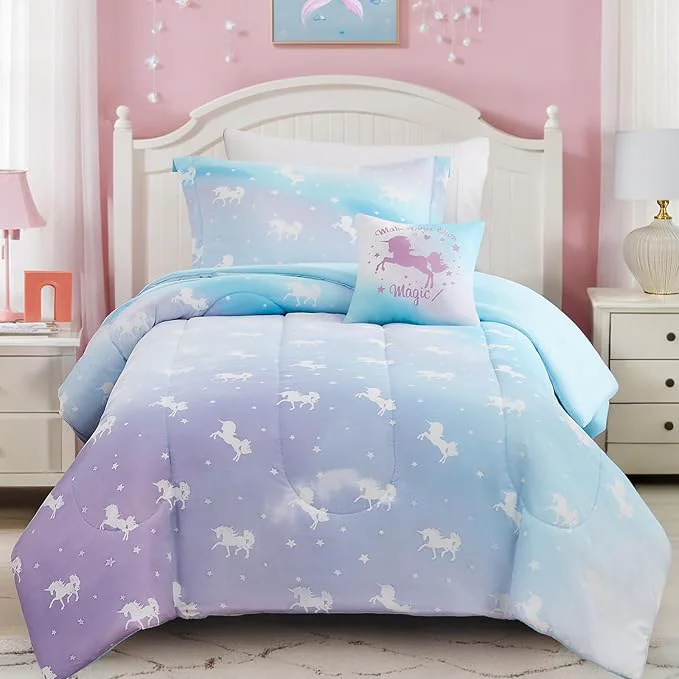 High-Quality Twin Comforter Set for Girls-3 Pieces Unicorn Glow in the Dark Twin Bedding Sets for Kids 1 Comforter 1 Sham and 1 Decor Pillow Optimized