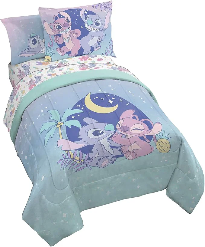 Modern Jay Franco Disney Lilo and Stitch Twin Size Comforter Set – 5 Piece Floral Bedding Includes Sheet Set amp Pillow Covers Features Angel – Super Soft Purple amp Teal Stars Kids Bedding Crafted