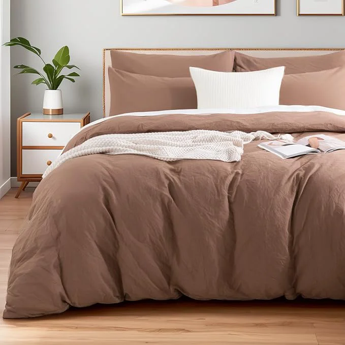 Expertly Made NEXHOME PRO Duvet Cover Set Kids Twin Size Linen Look Organic Natural Washed Cotton Duvet Cover Mocha Brown 2 Pieces Bedding Set with Zipper Closure Breathable No Comforter Environmentally Friendly