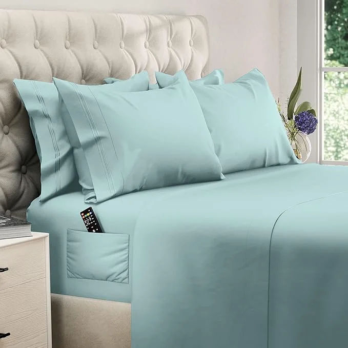 High-Quality DREAMCARE Queen Sheet Set – 6 pcs Cooling Bed Sheets – up to 15 Deep Sheets Queen Size Bed Set – 2500 Supreme Collection – Extra Soft Brushed Microfiber Hotel Luxury with Side Pocket – Spa Blue Pure