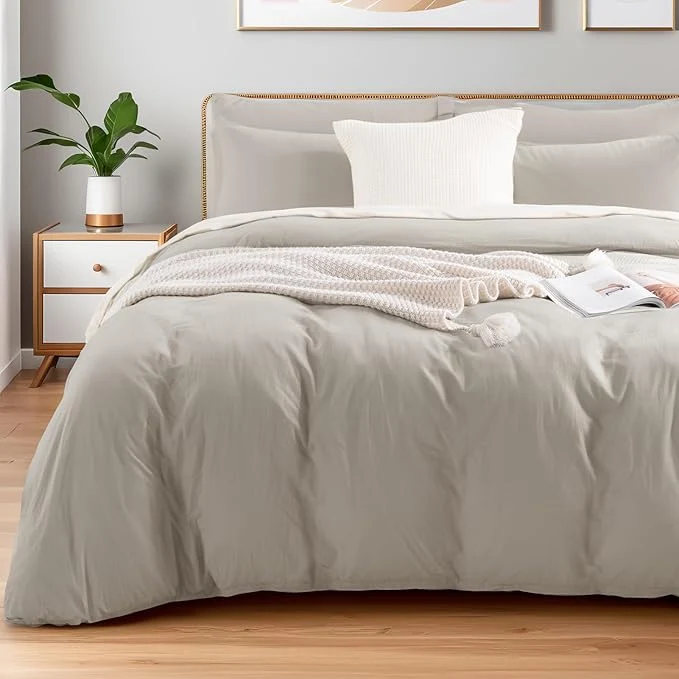 Quality NEXHOME PRO Duvet Cover Twin Size Washed Cotton Orgnic Linen Like Textured Breathable Durable Comfy Cream Grey High-Grade