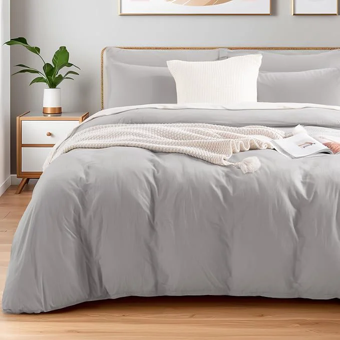 Secure NEXHOME PRO Duvet Cover Set California King Linen Look Textured Organic Natural Washed Cotton Duvet Cover 3 Pieces Bedding Set with Zipper Closure Breathable Soft Light Grey No Comforter Reusable