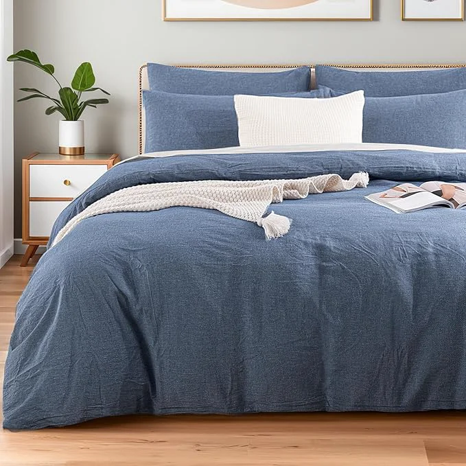 Professional NEXHOME PRO Duvet Cover Queen Washed Cotton Organic Natural Linen Like Textured Breathable Durable Home Bedding Set Heathered Blue 9090 Versatile
