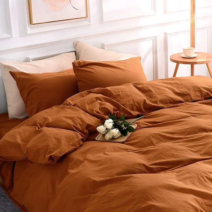 Fine Crafted NEXHOME PRO Terracotta Burnt Orange Duvet Cover Set Queen Size Linen Textured Organic Natural Washed Cotton Duvet Cover Caramel 3 Pieces Bedding Set with Zipper Closure Soft No Comforter Outstanding
