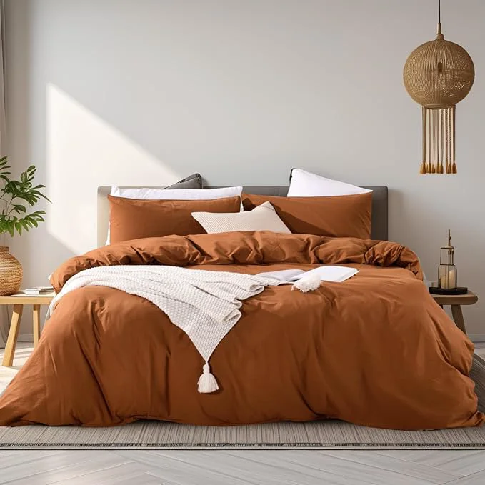 High-Performance NEXHOME PRO Duvet Cover Set Washed Cotton Oversized King 120 quot x98 quot Linen Feel Textured Organic Natural 3 Pieces Bedding Set Terracotta Burnt Orange with Zipper Closure Breathable No Comforter