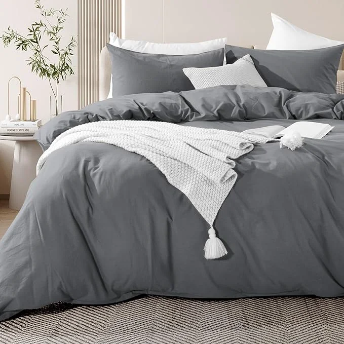 Recyclable NEXHOME PRO Cotton Duvet Cover Set King Size Linen Look Textured Organic Natural Washed Cotton Duvet Cover 3 Pieces Bedding Set with Zipper Closure Breathable Soft Grey No Comforter Artisan