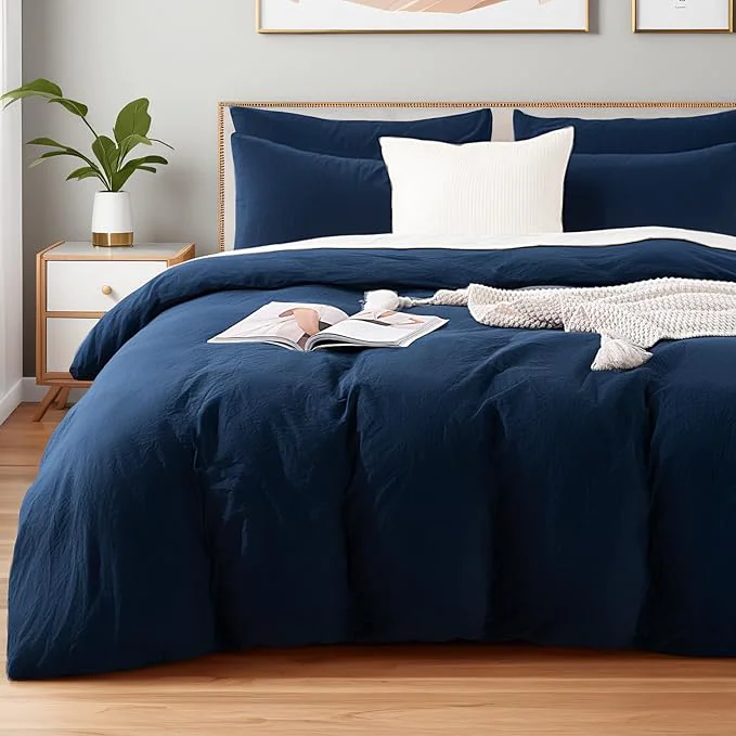 Quality NEXHOME PRO King Duvet Cover Set Organic Cotton with Washed Feel amp Linen-Like Texture Comfortable amp Breathable Home Bedding Set Navy No Comforter User-Friendly