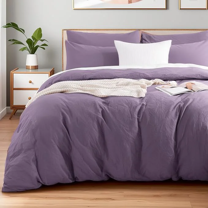 Excellent NEXHOME PRO Twin Duvet Cover Set Washed Cotton with Linen-Like Texture Natural Organic Breathable amp Comfortable Includes Home Bedding Set Dusty Purple No Comforter 6890 Trendy