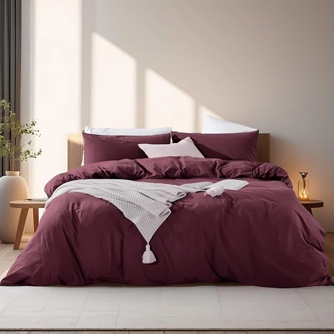 Premium NEXHOME PRO Duvet Cover Set Washed Cotton Full Size Linen Feel Textured Organic Natural 3 Pieces Bedding Set with Zipper Closure and Corner Ties Breathable and Soft Burgundy Red No Comforter World-Class