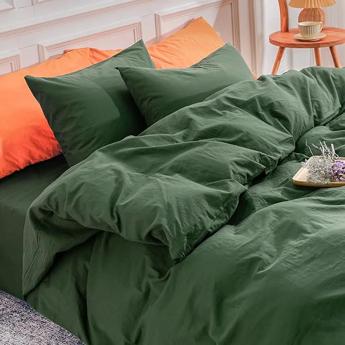 Authentic NEXHOME PRO Duvet Cover Set Oversized Queen 98 quot x98 quot Linen Look Textured Organic Natural Washed Cotton Duvet Cover 3 Pieces Bedding Set Zipper Closure Breathable Forest Green No Comforter Relaxed