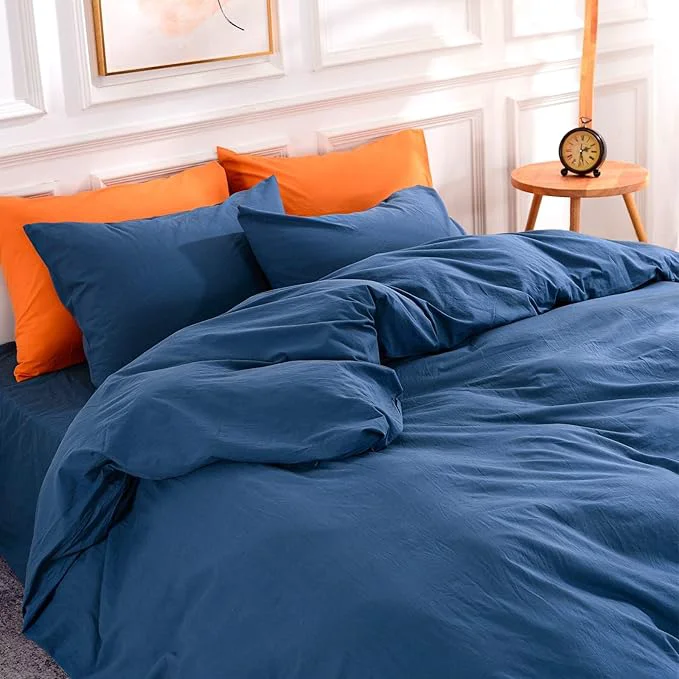 NEXHOME PRO Washed Cotton Duvet Cover Super King 108 quot x98 quot Organic Natural Linen Look Textured 3 Pieces Bedding Set Royal Navy Klein Blue Breathable No Comforter High-Quality