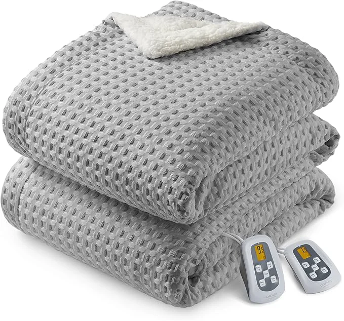 Detailed CAROMIO Heated Blanket Queen Size with LCD Dual Controller Waffle Weave Fast Heating Electric Blankets 10 Heat Levels amp 1-12H Time Settings ETL Machine Washable Grey 84 quot x 90 quot Exclusive