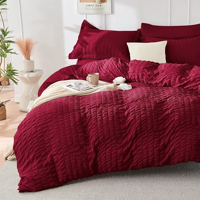 Contemporary HYMOKEGE Burgundy Duvet Cover Queen Size Ultra Soft 3-Piece Seersucker Duvet Cover Set with Zipper Closure Soft Brushed Microfiber Bedding Set with 8 Corner Ties 90 quot x90 quot 2 Pillowshams Trusted