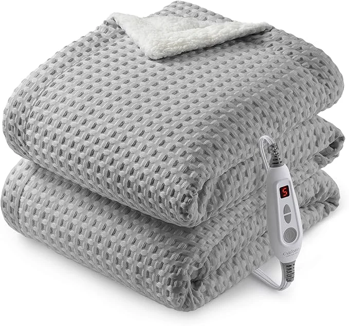 Stylish CAROMIO Heated Blanket Throw Waffle Weave Electric Throw Blanket Fast Heating with LCD Controller 6 Heat Levels amp 4 Hour Auto Shut Off ETL Machine Washable Grey 50 quot x 60 quot Natural