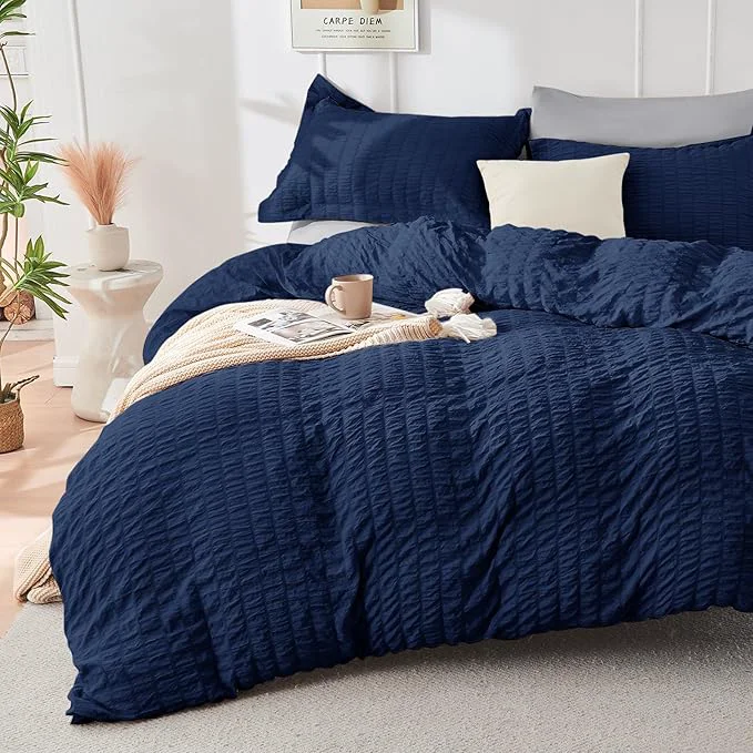 World-Class HYMOKEGE Navy Blue Light Grey Duvet Cover Full Size Ultra Soft 3-Piece Seersucker Duvet Cover Set with Zipper Closure Soft Brushed Microfiber Bedding Set with 8 Corner Ties 80 quot x90 quot 2 Pillowshams Eco-Friendly