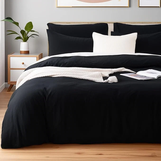 Carefully Designed NEXHOME PRO King Duvet Cover Set – Organic Cotton with Washed Feel amp Linen-Like Texture Comfortable amp Breathable Home Bedding Set Black No Comforter Advanced