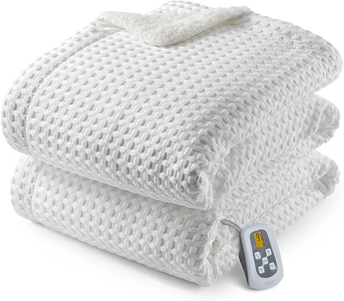 Verified CAROMIO Heated Blanket Full Size Waffle Weave Electric Blanket Throw with LCD Controller Fast Heating 10 Heat Levels amp 1-12H Time Settings ETL Machine Washable Off White 72 quot x 84 quot Easy-to-Use