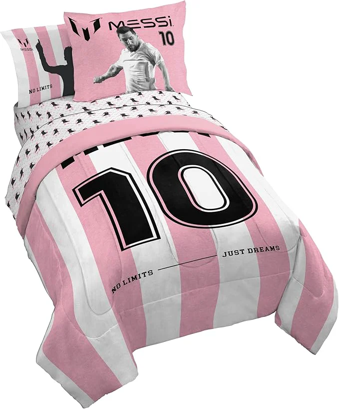 Casual Jay Franco Kids Comforter Set Includes Sheets and Pillow Covers – Soft and Cozy Bed Set for Stylish Room Decor Licensed Bedding Pink – Messi 5 Piece Twin Elegant