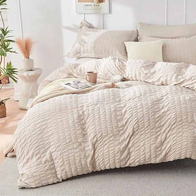 Clean HYMOKEGE Beige Duvet Cover Full Size Ultra Soft 3-Piece Seersucker Duvet Cover Set with Zipper Closure Soft Brushed Microfiber Bedding Set with 8 Corner Ties 80 quot x90 quot 2 Pillowshams Superior