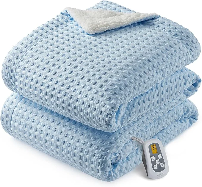 Eco-Friendly CAROMIO Heated Blanket Twin Size Waffle Weave Electric Throw Blanket Fast Heating with LCD Controller 10 Heat Levels amp 1-12H Time Settings Auto Off ETL Light Blue 62 quot x 84 quot Excellent