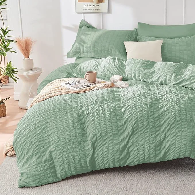 Practical HYMOKEGE Sage Green Duvet Cover Full Size Ultra Soft 3-Piece Seersucker Duvet Cover Set with Zipper Closure Soft Brushed Microfiber Bedding Set with 8 Corner Ties 80 quot x90 quot 2 Pillowshams Fine