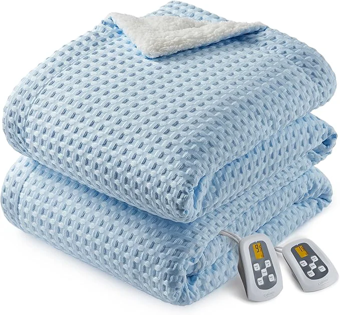 Responsible CAROMIO Heated Blanket Queen Size with LCD Dual Controller Waffle Weave Fast Heating Electric Blankets 10 Heat Levels amp 1-12H Time Settings ETL Machine Washable Light Blue 84 quot x 90 quot Verified