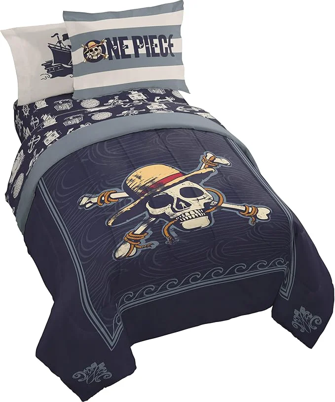 Elegant Jay Franco One Piece Full Size Comforter Set – 7 Piece Blue Bedding Includes Sheet Set amp Pillow Covers – Super Soft Anime Bedding with Skull and Bones Functional