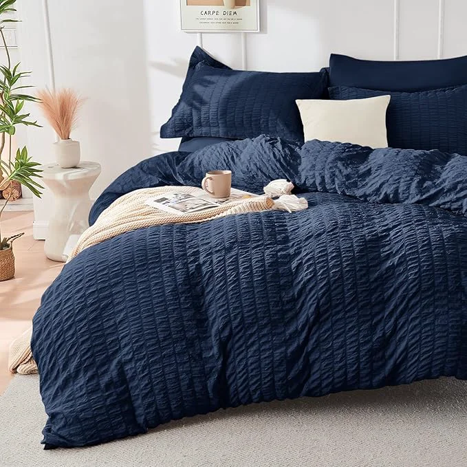 Versatile HYMOKEGE Navy Blue Duvet Cover King Size Ultra Soft 3-Piece Seersucker Duvet Cover Set with Zipper Closure Soft Brushed Microfiber Bedding Set with 8 Corner Ties 104 quot x90 quot 2 Pillowshams Effective