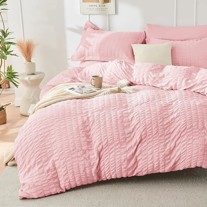 Exclusive HYMOKEGE Pink Twin Size Duvet Cover Ultra Soft 2-Piece Seersucker Duvet Cover Set with Zipper Closure Soft Brushed Microfiber Bedding Set with 8 Corner Ties 68 quot x90 quot 1 Pillowshams Relaxed
