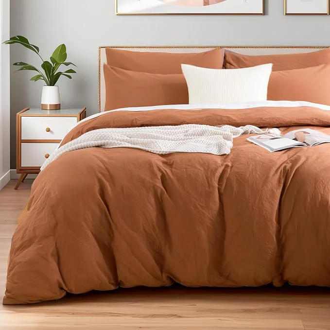 Verified NEXHOME PRO Duvet Cover Set Washed Cotton California King 104 quot x98 quot Organic Natural Linen Look Textured 3 Pieces Bedding Set Terracotta Burnt Orange with Zipper Closure Soft No Comforter