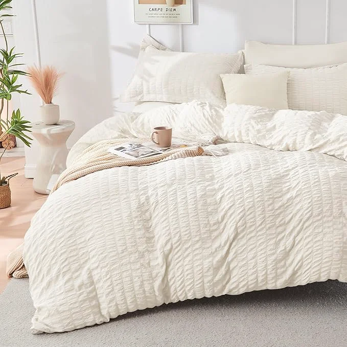 Relaxed HYMOKEGE Ivory Duvet Cover King Size Ultra Soft 3-Piece Seersucker Duvet Cover Set with Zipper Closure Soft Brushed Microfiber Bedding Set with 8 Corner Ties 104 quot x90 quot 2 Pillowshams Specialty