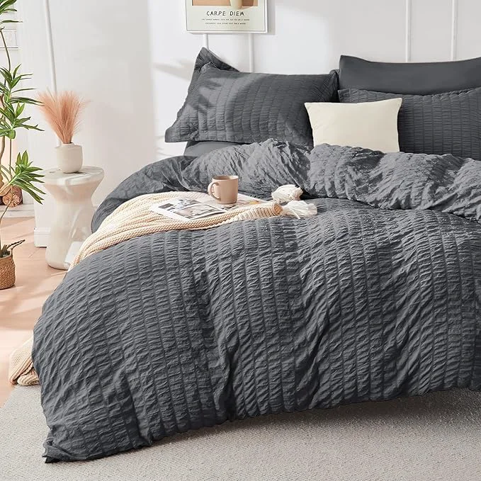 Enhanced HYMOKEGE Dark Grey Duvet Cover Full Size Ultra Soft 3-Piece Seersucker Duvet Cover Set with Zipper Closure Soft Brushed Microfiber Bedding Set with 8 Corner Ties 80 quot x90 quot 2 Pillowshams Excellent