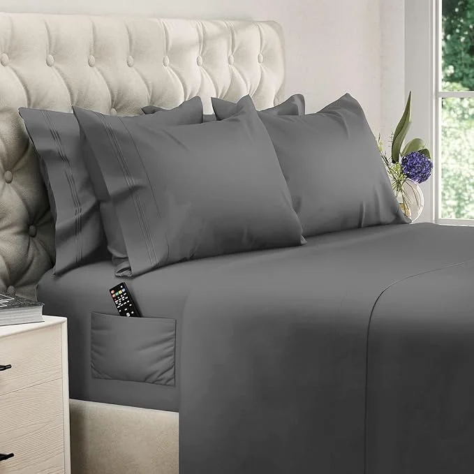 Convenient DREAMCARE California King Sheet Sets – 6 pcs Cooling Bed Sheets – up to 21 Deep Cal King Sheets – 2500 Supreme Collection – Extra Soft Brushed Microfiber Hotel Luxury with Side Pocket – D Gray Next-Generation