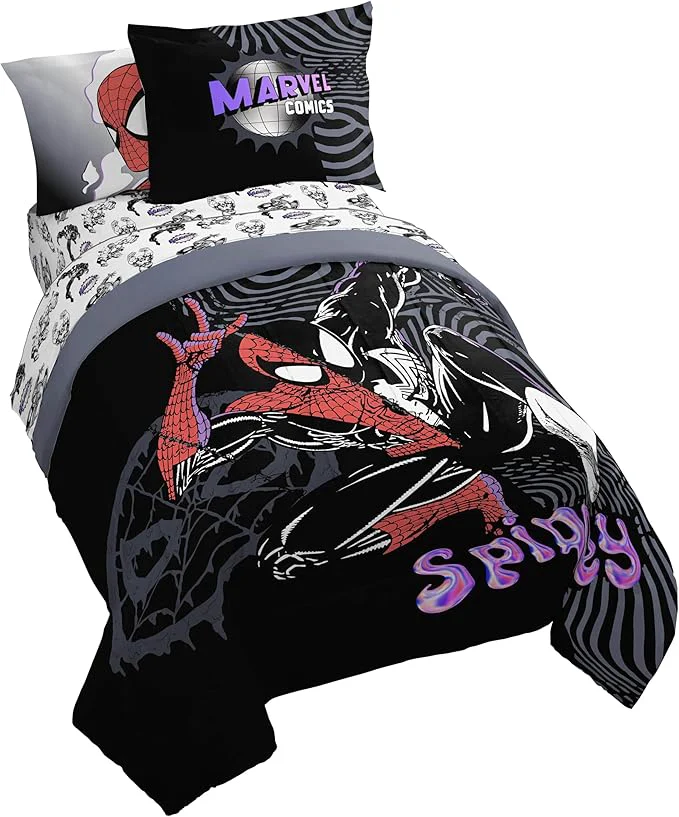 Sustainable Jay Franco Kids Comforter Set Includes Sheets and Pillow Covers – Soft and Cozy Bed Set for Stylish Room Decor Black – Marvel Comics 7 Piece Full Size Bedding Convenient